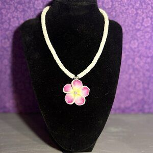 Puka Shell Necklace Fimo Plumeria Flower - 18” Hawaiian, Pink with Rhinestone C6